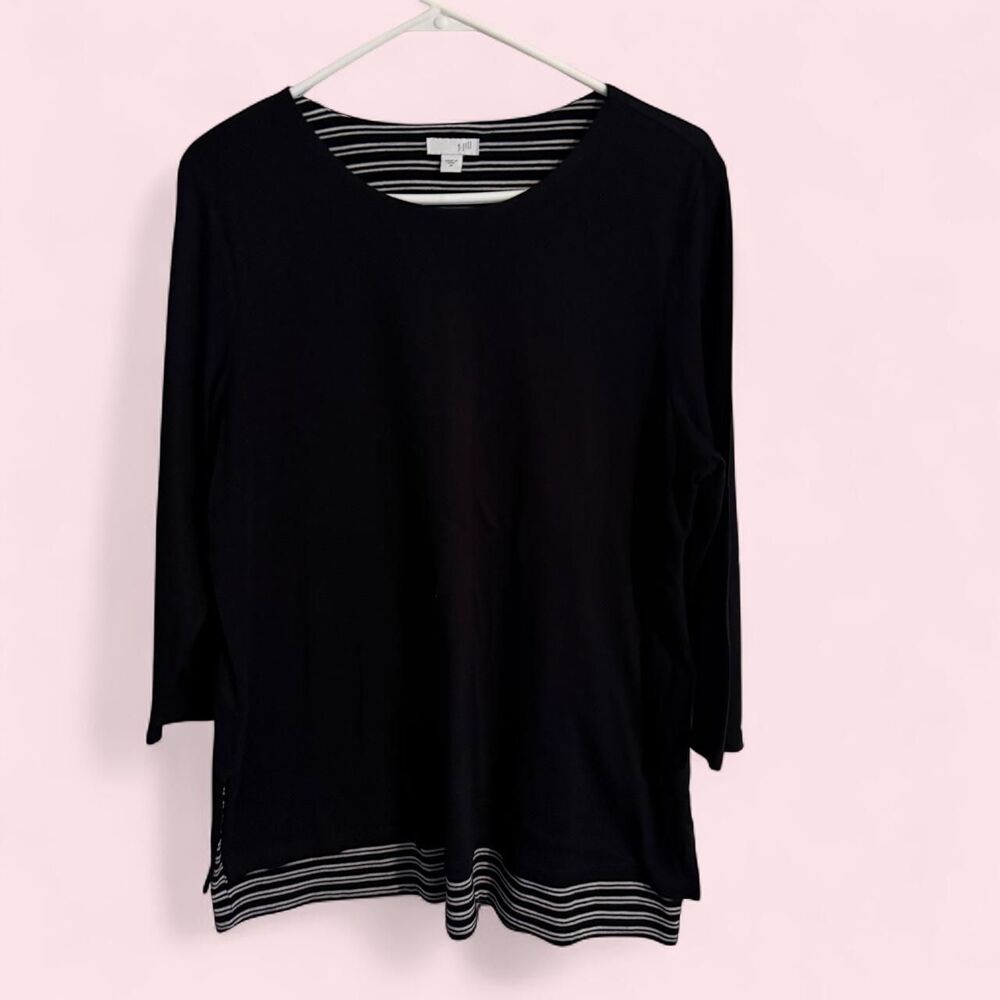 J. Jill Shirt Womens M Black Striped Trim Layered Hem Blouse